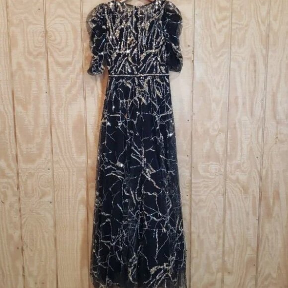 Mac Duggal NWT Black Gold Sequin Puff Sleeve Maxi Gown Dress Size 8 #204… - Picture 4 of 10
